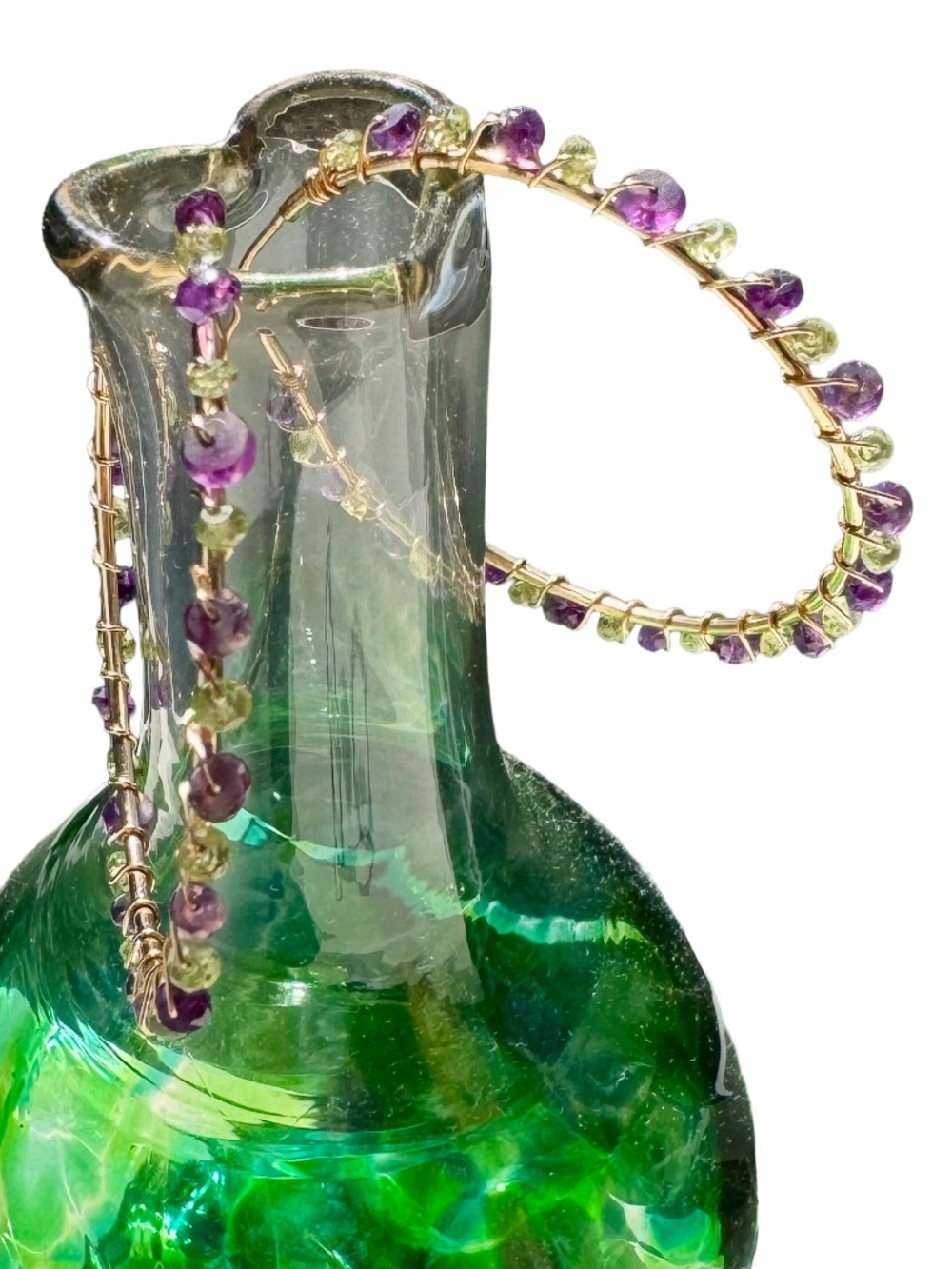 Beautiful 14k GF Amethyst & Peridot Wire-Wrapped Hoop Earrings - Picture 2 of 6